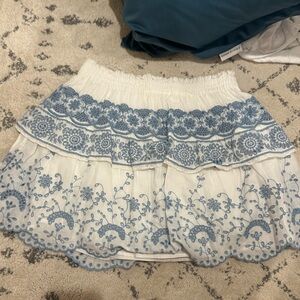 LoveShackFancy White & Blue Embroidered Mini Skirt